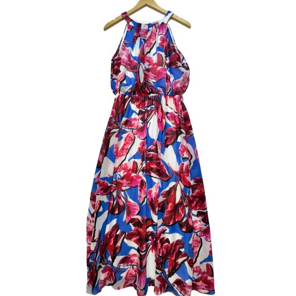 Signature By Robbie Bee Womens Maxi Halter Dress Size 12 Pink Blue Floral Summer - Picture 1 of 11